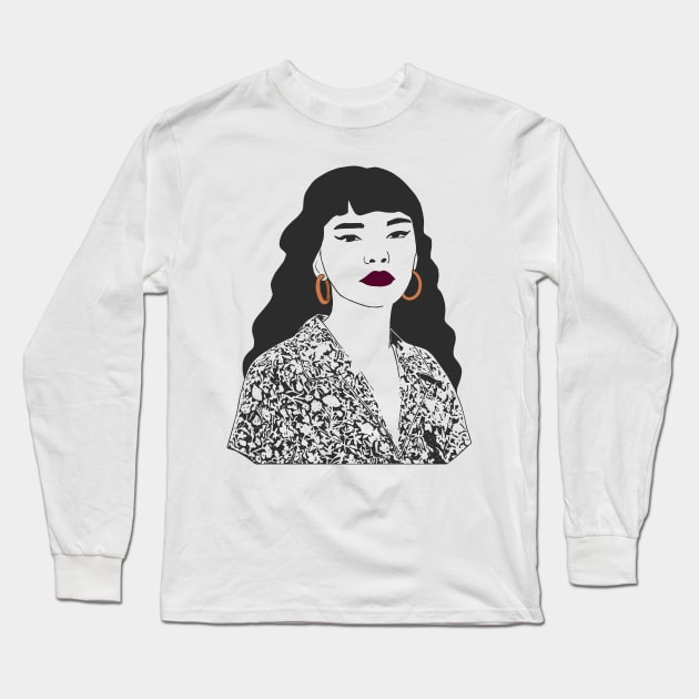 Woman with Floral Shirt Long Sleeve T-Shirt by JanuaryPomegranate